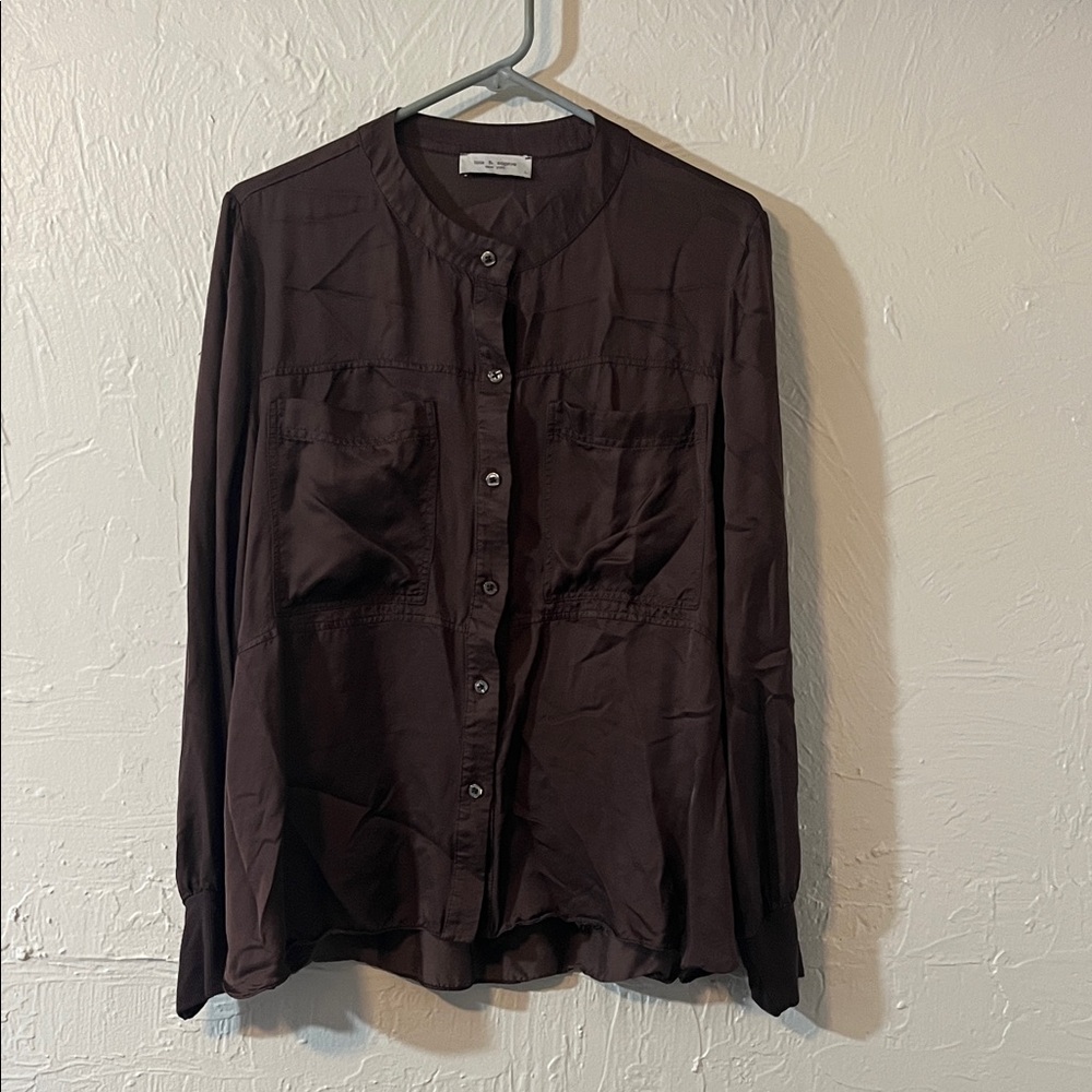 Lola & Sophie Dark Brown Satin Button-Down Blouse